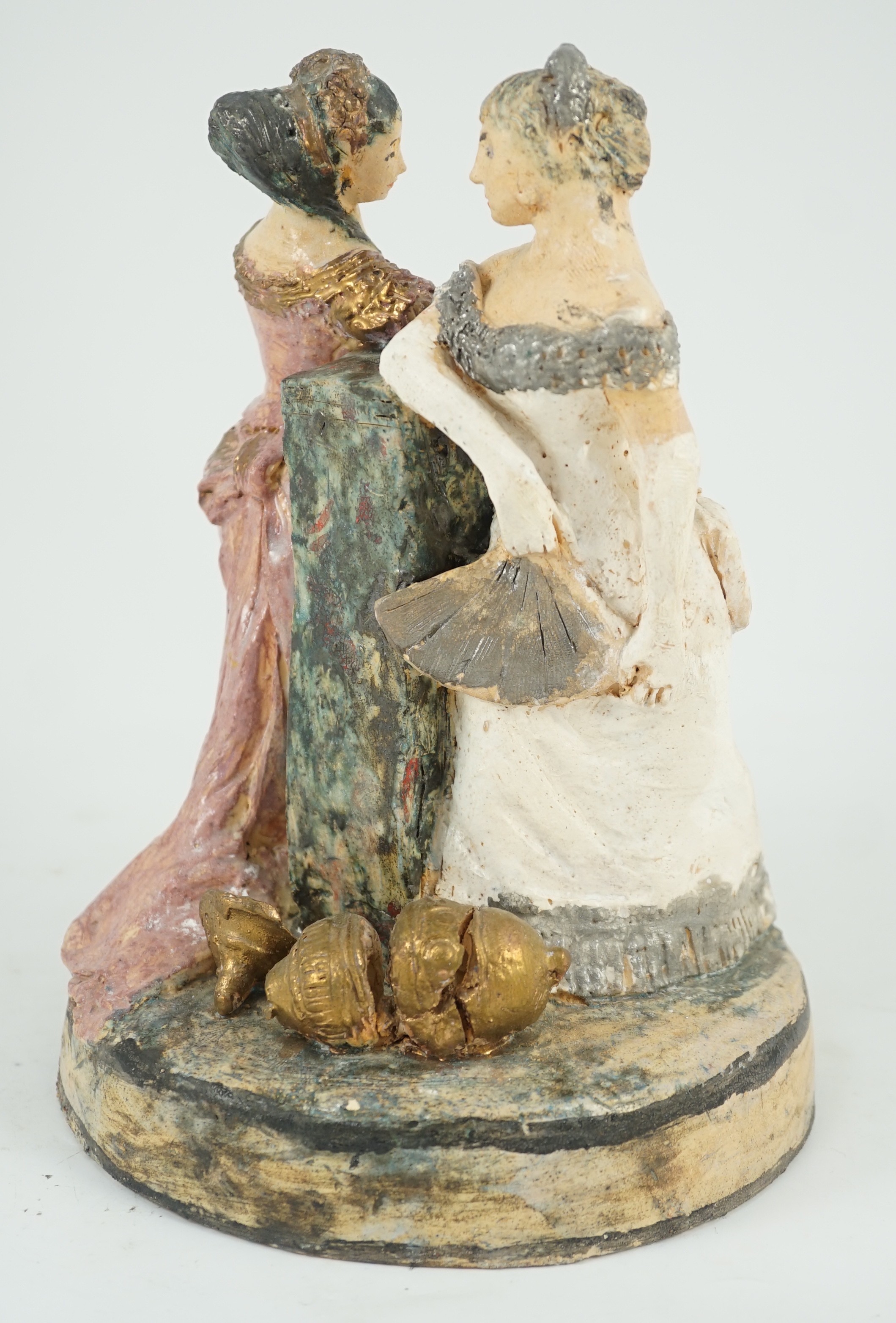 Quentin Bell (1910-1996). A studio pottery group of two women in ballgowns, 25.5cm high